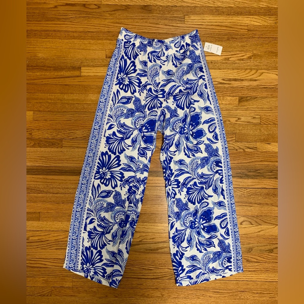 La Blanca beach pants - wide leg pants swim coverup, blue & white paisley small